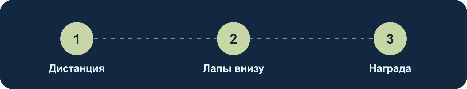 Приветствие: дистанция, четыре лапы, награда: Дистанция, Лапы внизу, Награда